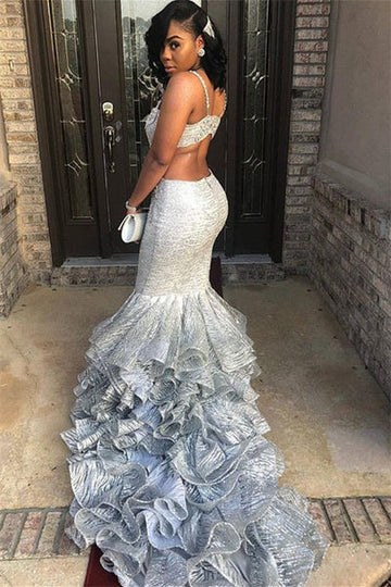 UNIQUE SPAGHETTI STRAPS SLEEVELESS V-NECK MERMAID PROM PARTY GOWNS HZ1023